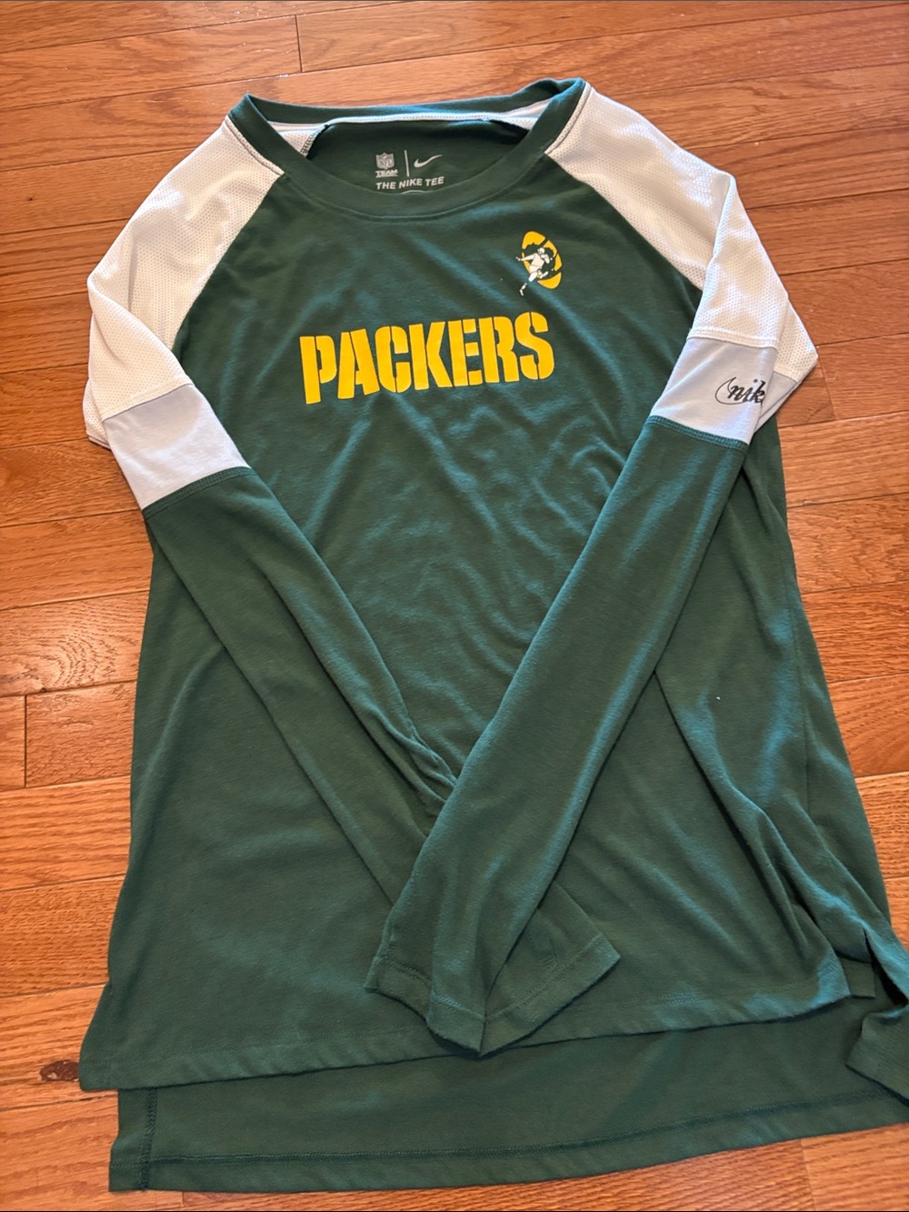 Nike Green and White Packers Long-Sleeve Raglan Shirt with Yellow Logo